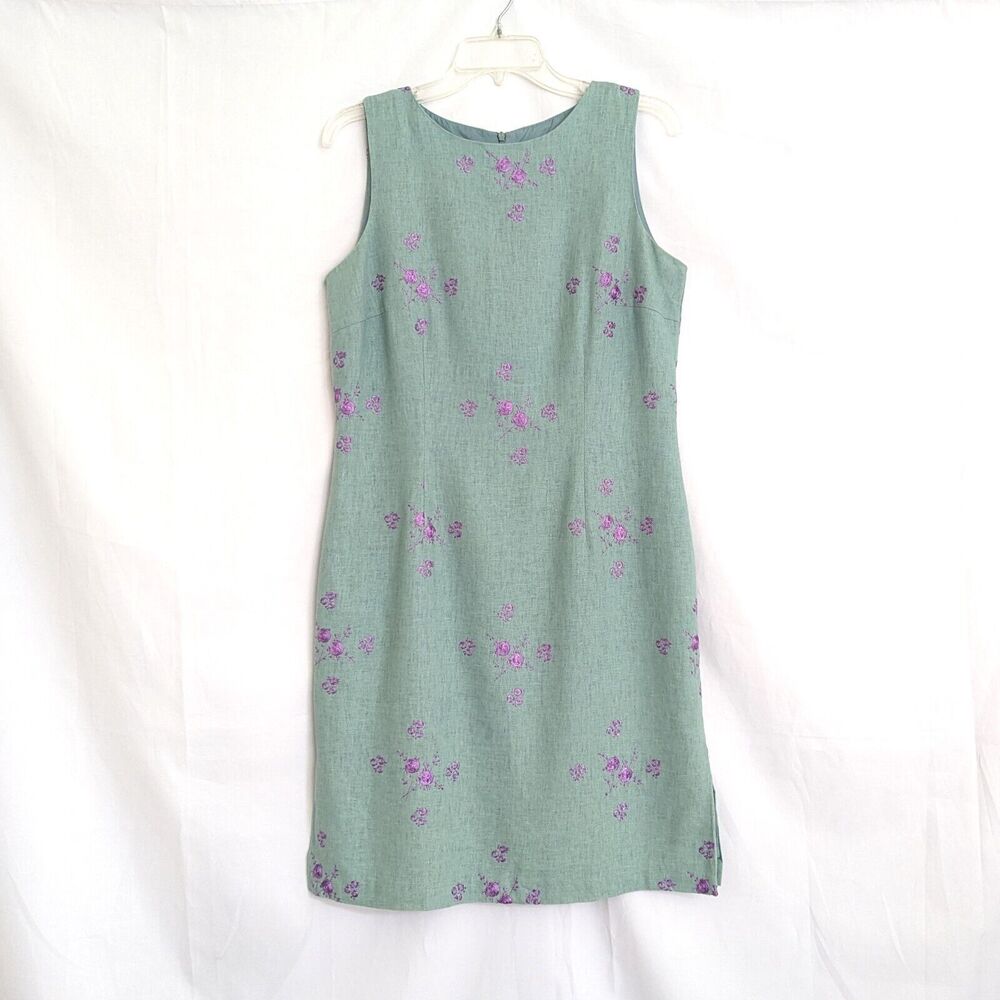 Dress Barn Sage Green Linen Blend Midi Shift Dress 10 Purple Floral Embroidered